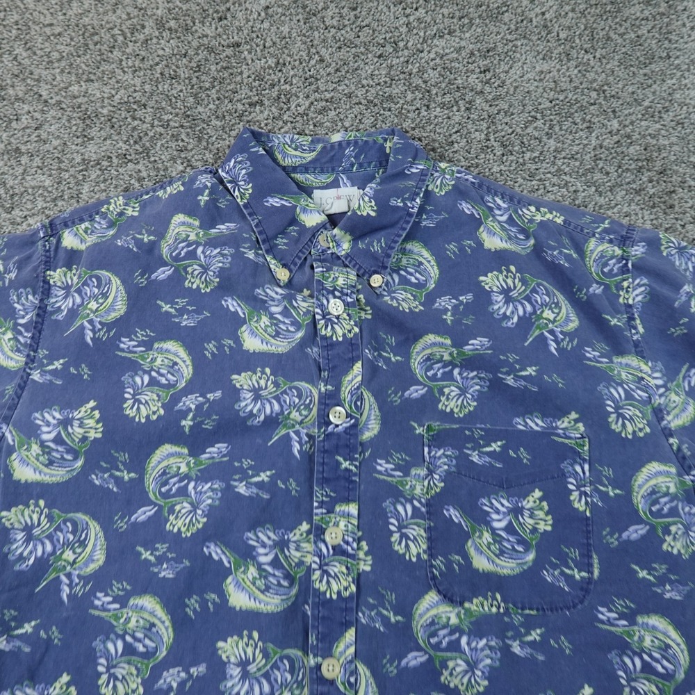 VTG J Crew Shirt Mens L Blue Oarsman Tropical Sailfish Fishing Print Button Up